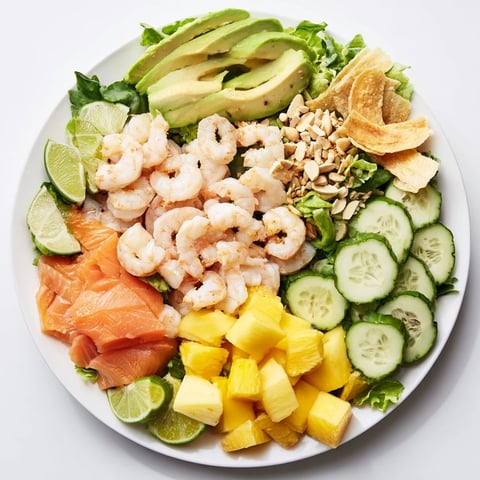 Vibrant Tropical Wave Tasting Platter with juicy mango and a sweet chili dipping sauce alongside shrimp.