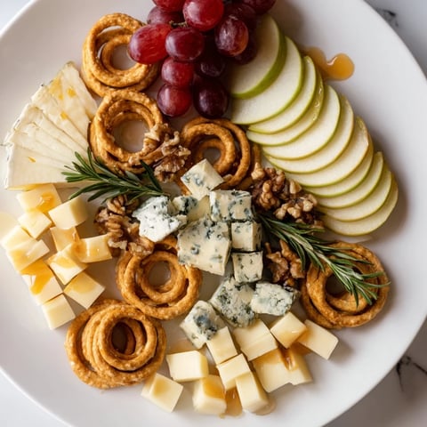 A beautifully arranged cheese plate, featuring assorted cheeses and crispy cracker rings, ready to enjoy.