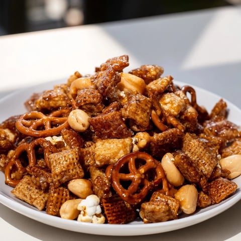 Golden-brown Party Mix glistening from its sweet cider glaze creates a perfect snack.