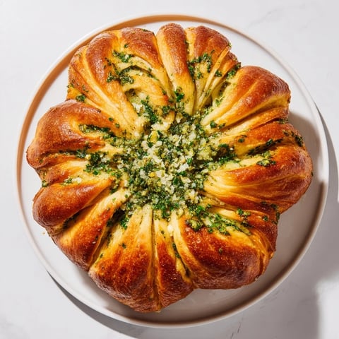 Golden, pull-apart star shaped garlic bread, richly buttered, perfect for sharing at a holiday meal.