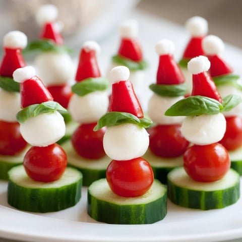 Festive Savory Crudités platter showcases red and green veggie "Santa hats" with creamy dip.