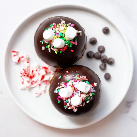 A festive display: decadent Hot Cocoa Bomb creations ready for topping with festive sprinkles.