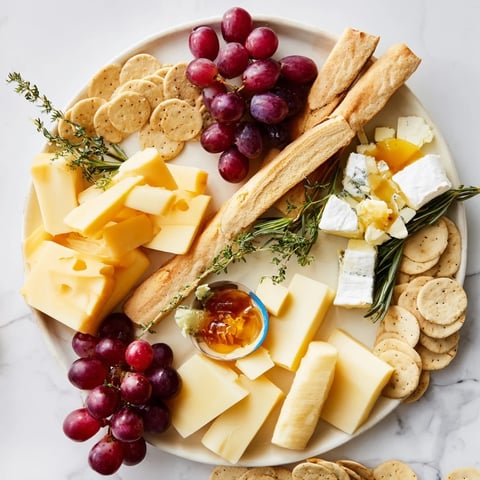 Housewarming Open House Spread with cheese, crackers, and fruits, ready for guests to enjoy.