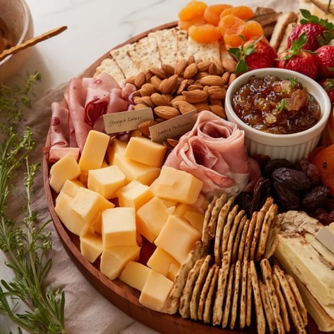 Anniversary heirloom arrangement, a beautiful charcuterie board with fresh strawberries, ready to eat.