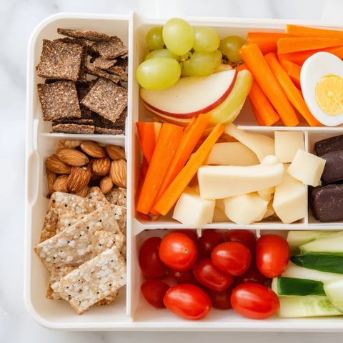 Road Trip Snack Box filled with colorful fruits, cheese, and crackers, perfect for quick on-the-go meals.