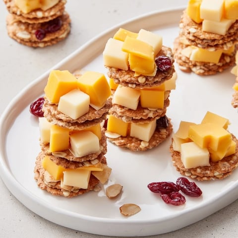 Crisp crackers topped with cheddar and Swiss cheese, forming a delicious Desk Treat snack.