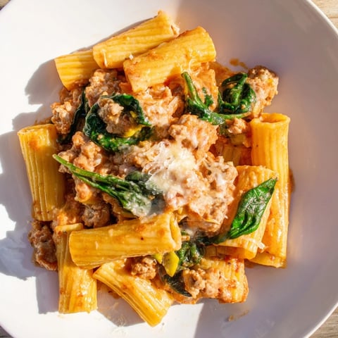One-Pot Italian Sausage Tomato Pasta steaming in a rustic pot, garnished with fresh basil.