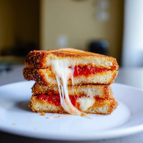 Melted mozzarella oozing from a Mozzarella Stick Grilled Cheese, golden-brown and ready to eat.