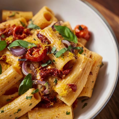 A baked feta pasta, vibrant with red tomatoes and creamy cheese, ready to enjoy.