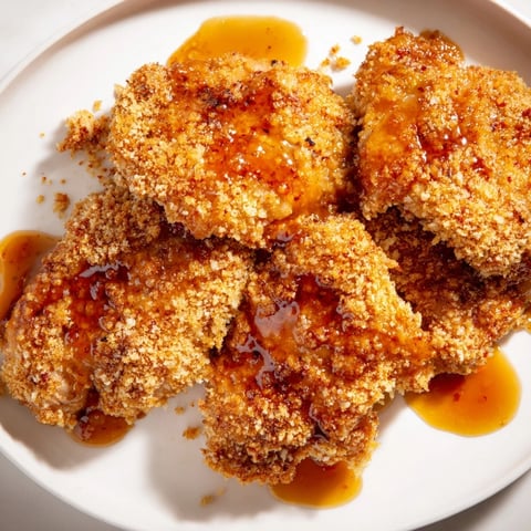 Golden fried Hot Honey Crispy Chicken Thighs, drizzled in glistening sauce, ready to serve with a side.