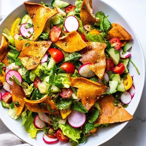 Vibrant Fattoush Crunch Salad with colorful fresh vegetables and crispy pita, ready to serve.