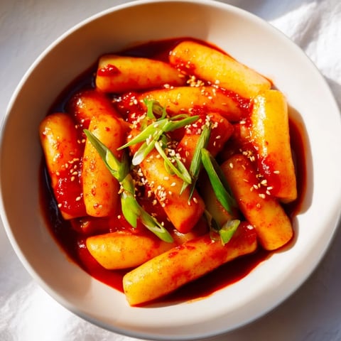 Steaming Korean Tteokbokki, with vibrant red sauce and chewy rice cakes, garnished with fresh green onions.
