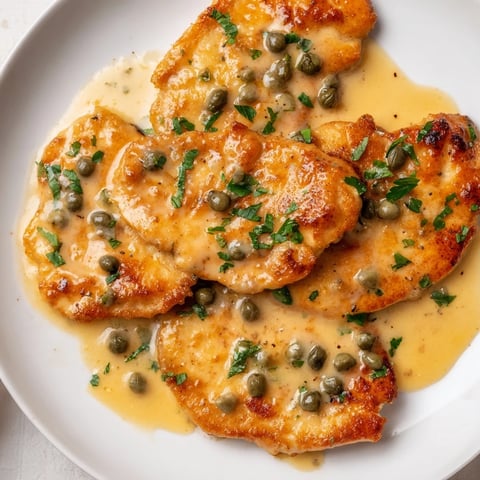 Golden-brown creamy chicken piccata, a comforting Italian-American dish with bright lemon flavor.
