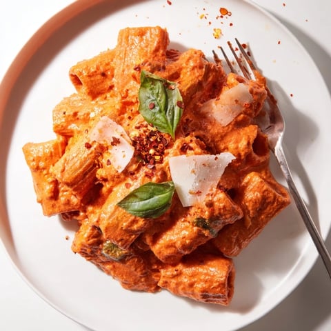 Creamy spicy rigatoni pasta sits in a rustic bowl, garnished with fresh basil and extra Parmesan, ready to enjoy.