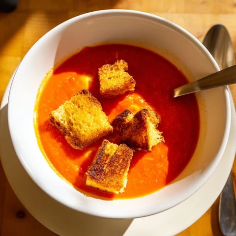 A bowl of creamy roasted tomato soup topped with golden, bite-sized grilled cheese croutons, perfect for a cozy family dinner.