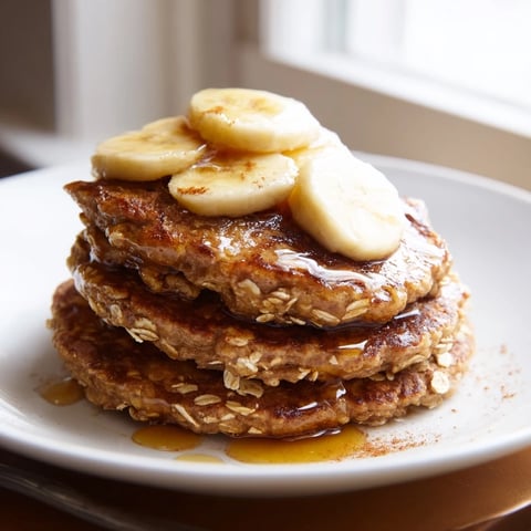 Golden-brown Banana Oat Pancakes stack high on a plate, topped with fresh banana slices and a drizzle of pure maple syrup.