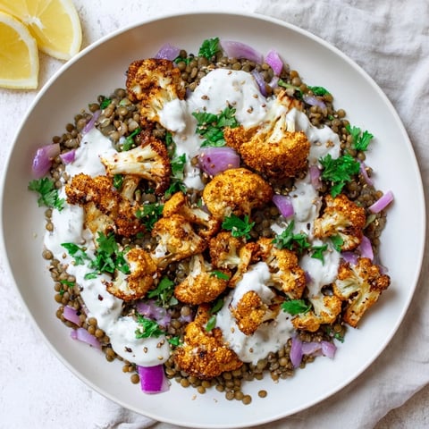 Golden-brown roasted cauliflower florets with cumin and paprika are arranged over zesty lemon lentil salad, drizzled with creamy cumin tahini yogurt and topped with fresh cilantro.  