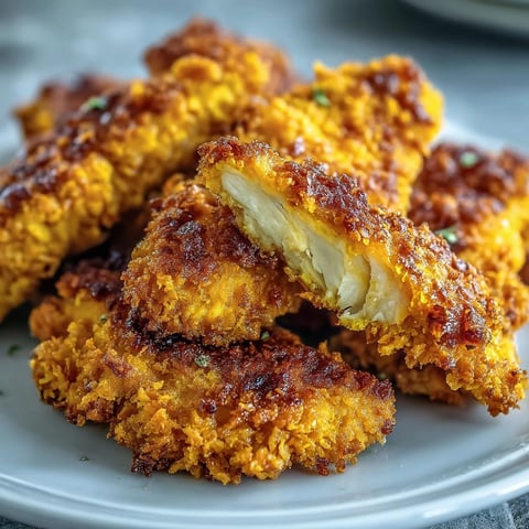 Golden-brown Crispy Turmeric Chicken Tenders fresh from the oven on a baking sheet.