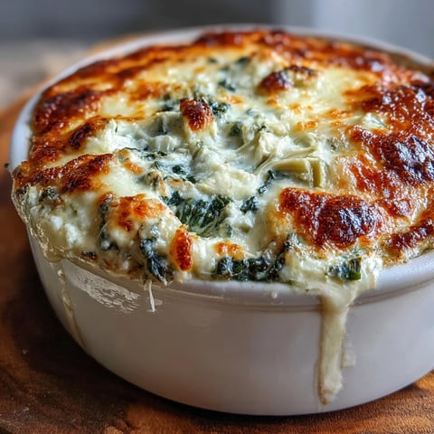 Golden, bubbly Spinach Artichoke Dip fresh from the oven, served in a white baking dish with a wooden spoon ready for dipping.