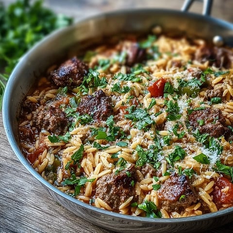A close-up of a comforting ground beef orzo dinner in a cast-iron skillet, garnished with fresh parsley and melted Parmesan.