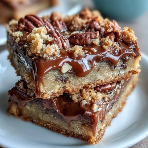 Decadent Sweet and Chewy Turtle Bars with Chocolate and Caramel topped with gooey drizzle and toasted pecans on a wooden cutting board.
