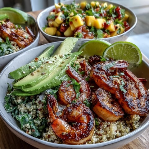 Grilled shrimp and creamy avocado sit on nutty quinoa, topped with mango salsa and drizzled with lime chili sauce in this vibrant bowl.