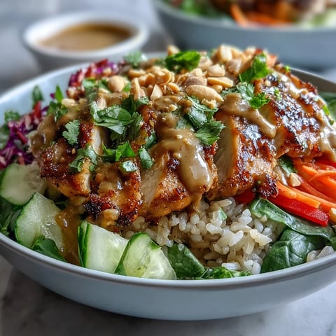 Freshly baked spiced chicken slices rest atop warm brown rice in a vibrant Peanut Chicken Power Bowl, garnished with peanuts and cilantro.