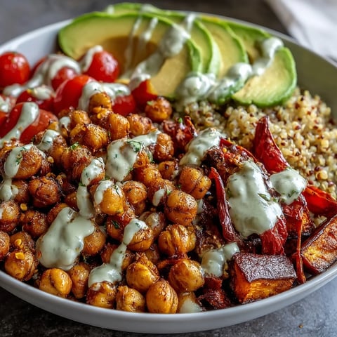 A finished Chickpea Power Bowl with fluffy quinoa, roasted sweet potato, bell peppers, and crispy spiced chickpeas.