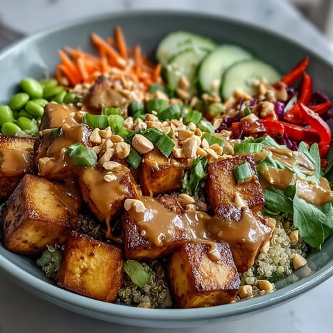 Golden brown tofu cubes and vibrant veggies sit atop fluffy brown rice, ready for creamy peanut sauce.