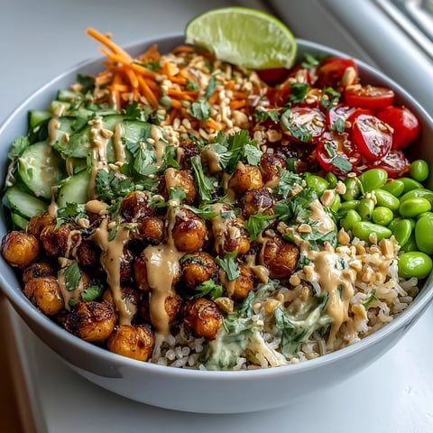 Overhead view of a vibrant Peanut Chickpea Protein Bowl, featuring golden roasted chickpeas, fresh cabbage, carrots, and cucumber on a bed of brown rice.