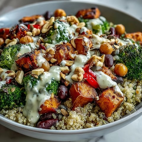 Golden roasted sweet potato and broccoli florets rest atop fluffy quinoa in a vibrant Meal Prep Week-Long Power Bowl, garnished with crunchy nuts.