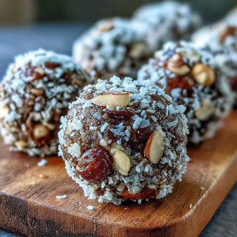 Roasted Hojicha Energy Balls rolled in shredded coconut on a rustic wooden board.