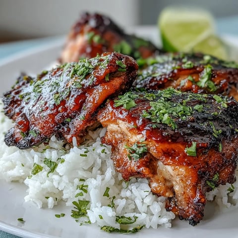 Golden-brown Spicy Maple Chicken glazed with a sticky sauce rests on fluffy white coconut rice with lime wedges and cilantro.