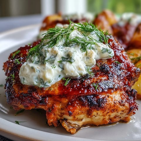 Grilled Spicy Yogurt Marinated Chicken with Dill Feta Cream is served alongside crispy golden baby potatoes and fresh herbs on a rustic plate.