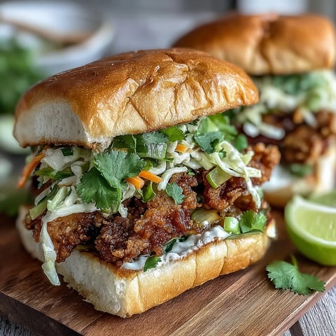 Thai Fried Chicken Sandwich on a plate with golden fried chicken, pickled carrots, and cilantro garnish. 