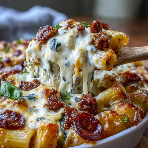 Golden, bubbly High-Protein Pizza Pasta Bake fresh from the oven, featuring penne, lean beef, and melted mozzarella with pepperoni on top.