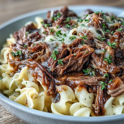 Fork-tender Crockpot French Onion Pot Roast Pasta with juicy shredded beef and sweet caramelized onions, served over buttery egg noodles.