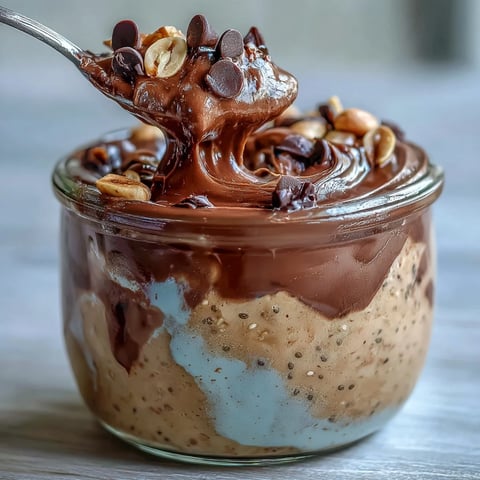 Peanut Butter Cup Overnight Oats layered with rich cocoa ganache, mini chocolate chips, and a creamy texture.