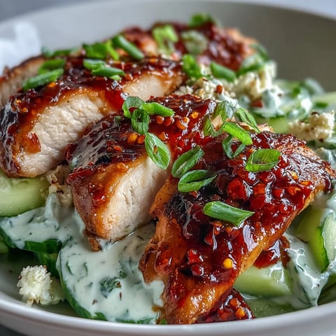 Freshly seared chicken rests atop creamy Greek yogurt cucumber salad in a vibrant TikTok Chili-Crisp Cucumber Chicken Bowl.