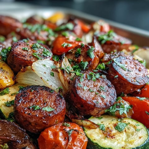 Roasted Smoky Sheet Pan Sausage & Veggies served with warm garlic naan for a delicious one-pan weeknight dinner.