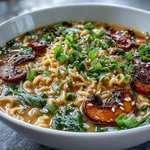 Vibrant bowl of Vegan Coconut Curry Ramen with Bok Choy and Mushrooms, featuring creamy coconut broth and fresh herbs.