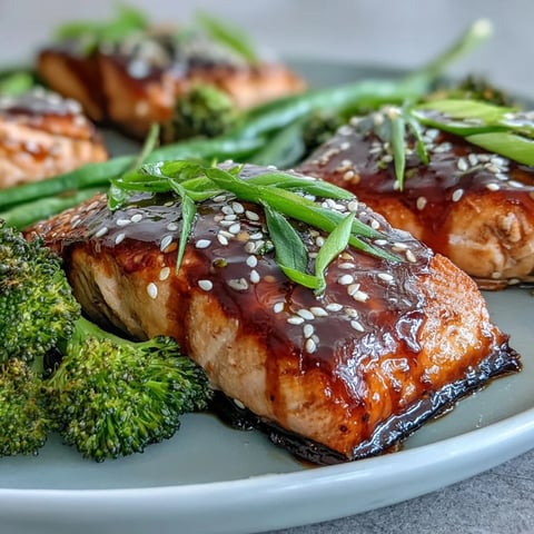 Golden-baked Sheet Pan Teriyaki Salmon fillets with roasted broccoli and snap peas, glistening with glossy homemade sauce.