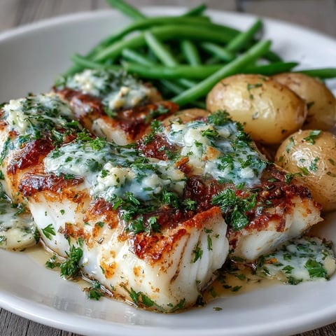 Golden Garlic Herb Butter Cod fillets baked alongside creamy baby potatoes and crisp green beans on a baking sheet.