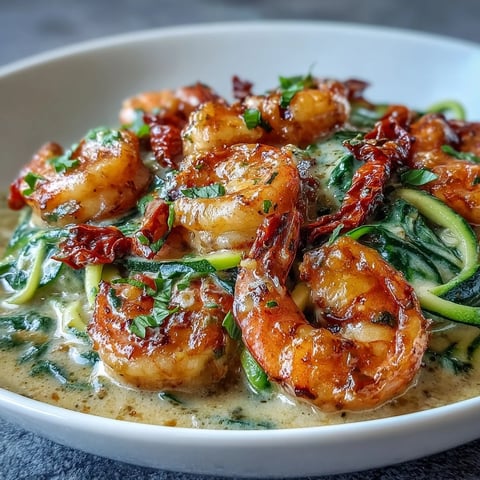 Creamy Garlic Tuscan Shrimp with Zucchini Noodles piled high in a skillet, spinach and sun-dried tomatoes in a rich sauce.