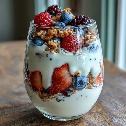 A vibrant Greek yogurt berry parfait layered with fresh strawberries, blueberries, and crunchy granola crumble for a healthy breakfast treat.