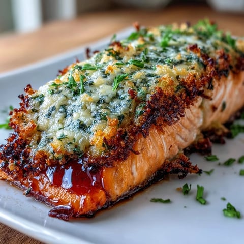Keto garlic Parmesan salmon with roasted broccoli and lemon wedges on a baking sheet, golden crust glistening under oven heat.  