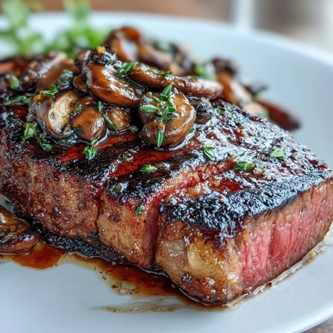 A juicy ribeye steak seared to perfection and topped with a rich wild mushroom and garlic butter crust for an indulgent meal.
