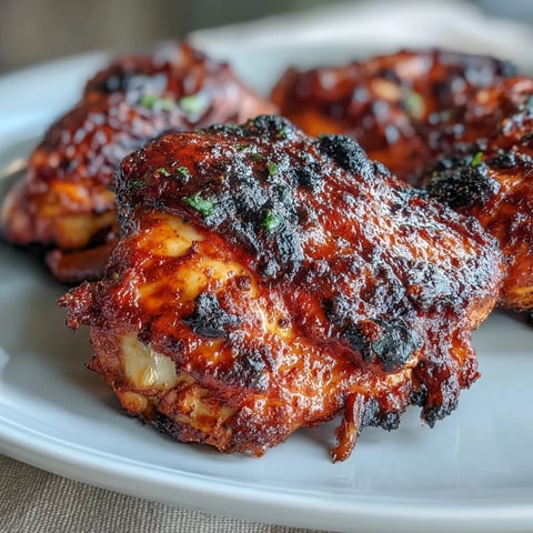 Juicy tandoori chicken thighs marinated in spiced yogurt, charred and smoky, served on a platter with fresh lemon wedges and vibrant herbs.  