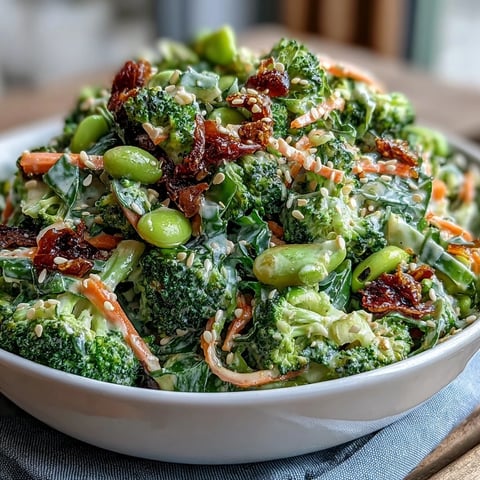 Vibrant broccoli crunch salad with fresh veggies, edamame, and sesame seeds in a zesty Asian dressing.  
