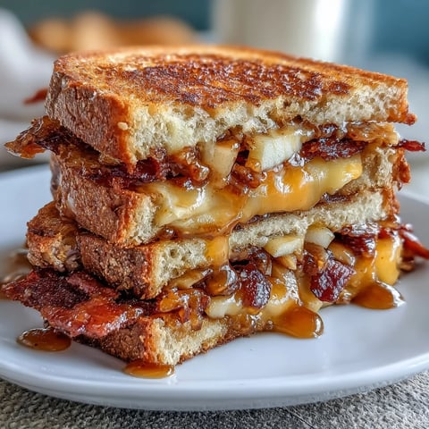 Golden-brown grilled cheese with melted sharp cheddar, crisp apple slices, and smoky beef bacon, drizzled with hot honey for a sweet and spicy kick.